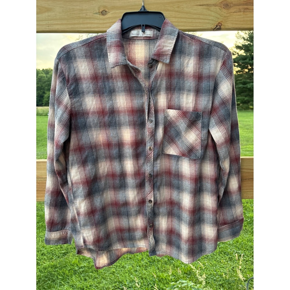 Becool Womens Plaid Flannel Button Down Shirt Burgundy Grey Size Medium